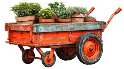 Vintage Garden Cart with Potted Plants: An aged, rustic garden cart overflowing with diverse potted plants, presenting a tableau of vibrant greenery against a weathered aesthetic.