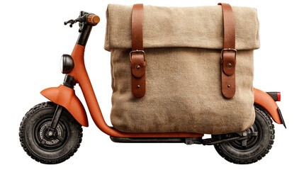 Delivery Scooter: The image shows an electric scooter designed for package deliveries, the scooter is orange and contains a large brown bag at the back