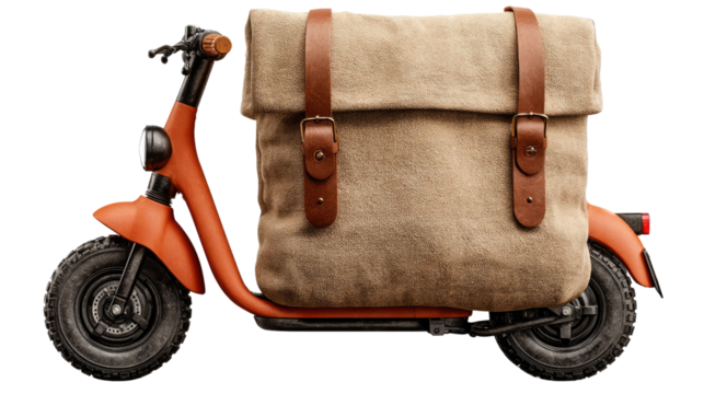 Delivery Scooter: The image shows an electric scooter designed for package deliveries, the scooter is orange and contains a large brown bag at the back