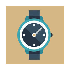Flat design wristwatch illustration with blue and white dial on tan background graphic.