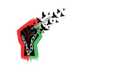 Fist breaking chains, birds flying free, red green colors, social justice image, with copy space