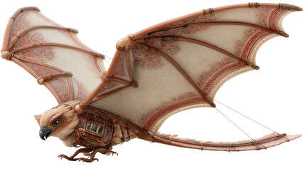 Steampunk Mechanical Bird in Flight: A majestic steampunk mechanical bird, crafted from intricate gears and polished metal, takes flight against a stark white background. Its large.