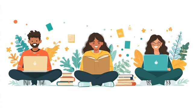 Colorful flat vector illustration showing diverse students studying online with laptops and books, inclusive education technology concept. Young multicultural group studying together,