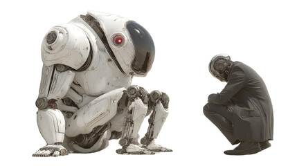 Contemplation: A mechanical humanoid figure with a solemn gaze crouches down, engaged in deep thought. Opposite the robot, another human seems to be lost in the same emotion of thoughtfulness.