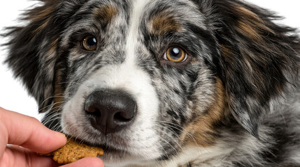 Aussie pup reward: An adorable Aussie puppy, captured in a close-up, is about to receive a treat from a human hand, showcasing loyalty and reward system.