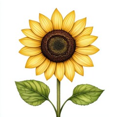 Detailed Sunflower Illustration with Green Leaves on White Background