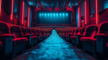 Illuminated Cinema Hall with Red Seats and Vibrant Lighting Arrangement