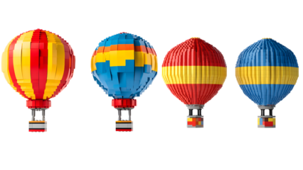 Four colorful hot air balloons made of toy bricks isolated on transparent background, representing travel, adventure and creativity