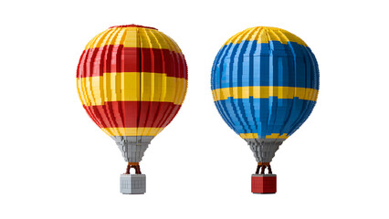 Obraz premium Two colorful hot air balloons made of toy bricks isolated on transparent background