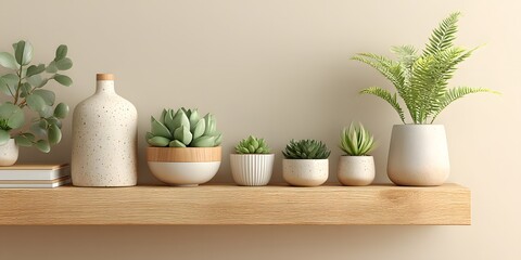 Wooden shelf, right: small potted succulents, fern in white pots. Light beige wall, empty left. Minimalist, clean interior, soft natural light.
