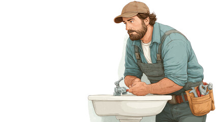 Master Plumber's Reflection: A focused master plumber, leaning against a clean, modern sink, contemplates his next move. The scene speaks of professional skill and readiness.