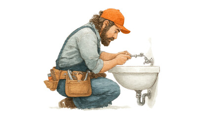 Handyman's Craft: A focused handyman meticulously repairs a sink, demonstrating skill and expertise in his profession, showcasing dedication to his craft.