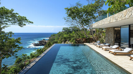 Fototapeta premium Luxurious oceanfront property with stunning infinity pool and panoramic coastal views