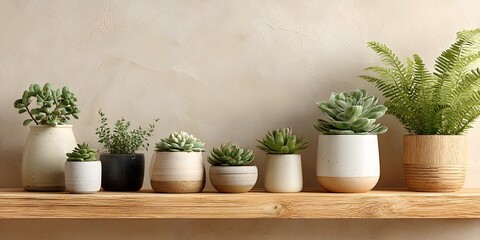 Fototapeta premium Wooden shelf, right: small potted succulents, fern in white pots. Light beige wall, empty left. Minimalist, clean interior, soft natural light.