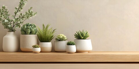 Fototapeta premium Wooden shelf, right: small potted succulents, fern in white pots. Light beige wall, empty left. Minimalist, clean interior, soft natural light.