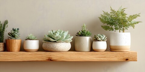 Wooden shelf, right: small potted succulents, fern in white pots. Light beige wall, empty left. Minimalist, clean interior, soft natural light.