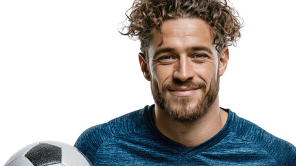 Soccer Player with Soccer Ball: This portrait features a muscular soccer player holding a soccer ball and smiling. capturing the spirit of sportsmanship and athleticism. 