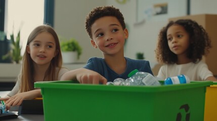 Diverse group of children sorting plastic bottles for recycling initiatives