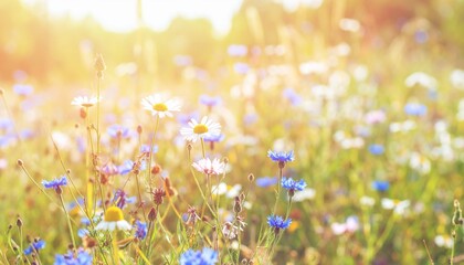 Fototapeta premium Wild colorful flowers, mix of camomile, cornflower, clove and other in blurred filte 