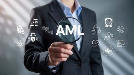 Financial Professional Examining AML Compliance Through Magnifying Glass System