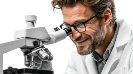 Scientific Exploration: A focused scientist peering intently into a microscope, his face alight with curiosity and a sense of discovery as he delves into the microscopic world.