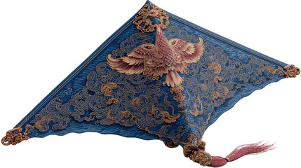 Celestial Kite: An intricately designed kite, adorned with a detailed emblem and rich embroidery, symbolizes freedom and aspiration. Capturing the magic of flight, sky and imagination.