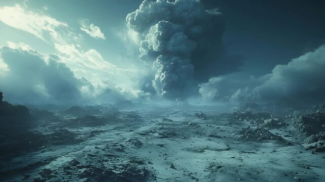 Apocalyptic storm clouds loom over a desolate devastated landscape