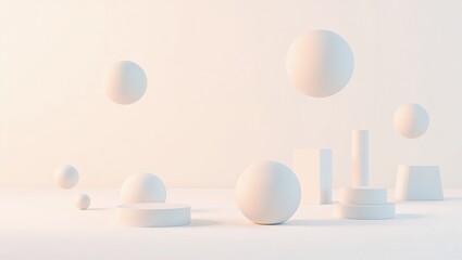 Minimalist poster mockup scene with abstract geometric shapes, soft shadows, floating paper texture, isolated on pastel background, high-res 3D render