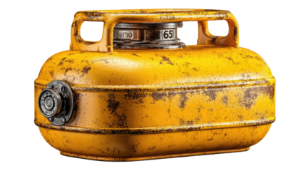 Heavy Duty Gas Tank: Close-up view of a weathered, industrial-style gas tank, the metallic yellow container displays signs of wear and tear, suggesting prolonged outdoor use and utilitarian function.