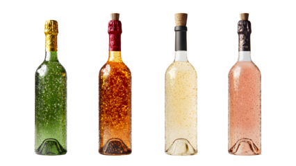 Four bottles of sparkling wine in different colors isolated on transparent background