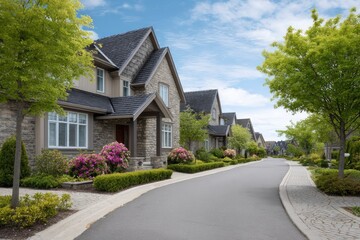 Stone Houses and Lush Greenery: A Serene Suburban Street Scene