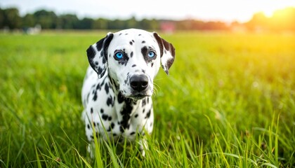 Dalmatian with one blue eye, in a meadow, different colored eyes, heterochromia