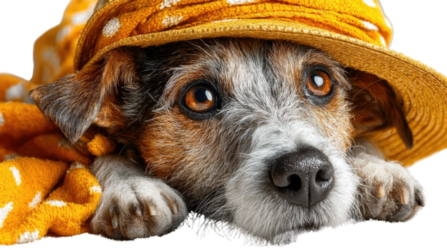Playful Canine: A close-up shot of a small dog adorned in a bright yellow hat with large, expressive eyes, exuding charm and capturing a whimsical summer day.