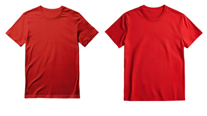 Two red t-shirts, short sleeved and crew neck, isolated on transparent background