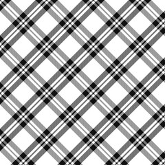 Plaid with twill weave repeat pattern in black and white.Checkered tartan seamless pattern with stripes.Graphic vector illustration texture background for fabric and prints.