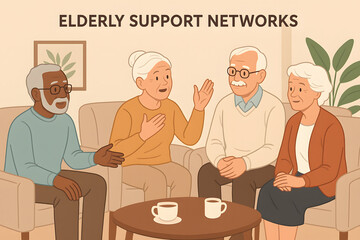 Elderly people discussing in cozy living room during a support meeting  