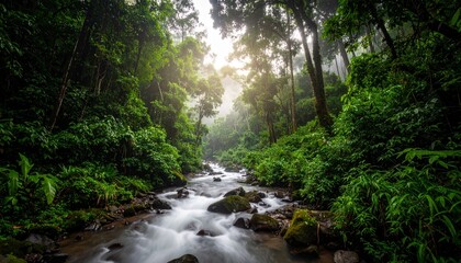 Tropical forest in the morning with fog. Deep in the rainforest. Southeast Asian rai 