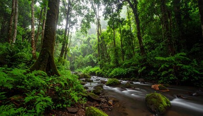 Obraz premium Tropical forest in the morning with fog. Deep in the rainforest. Southeast Asian rai 
