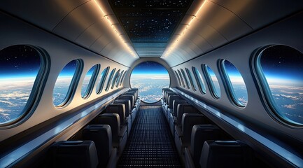 Obraz premium Futuristic spaceship interior, panoramic views