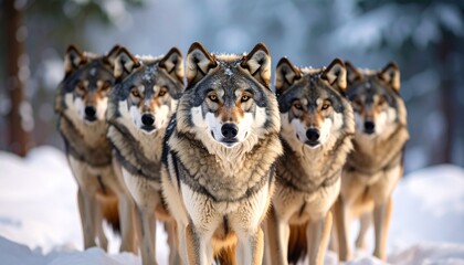 Naklejka premium A close up of pack of Grey Wolves 