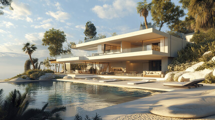Fototapeta premium Luxurious oceanfront property with modern architecture and serene landscape