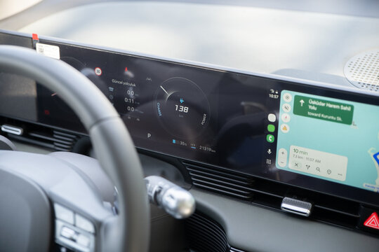 Closeup view of the dashboard of an electric vehicle