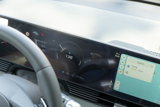 Closeup view of the dashboard of an electric vehicle