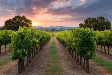 Naklejka premium Serene Vineyard Sunset: Rows of Lush Grapevines at Golden Hour