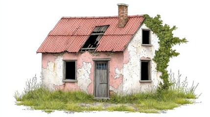Dilapidated Pink Cottage with Red Tiled Roof and Vine Covered Walls on White