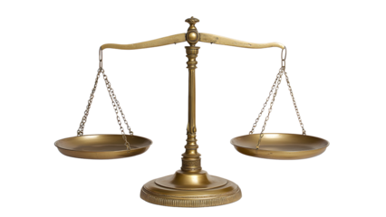 Brass balance scale, a symbol of justice and law, isolated on transparent background