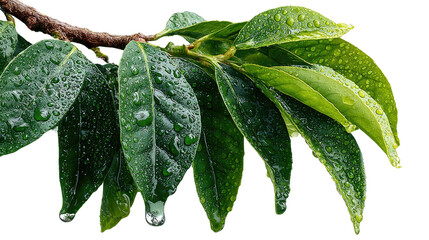 Rain-Kissed Foliage: A close-up of lush green leaves on a branch glistening with droplets, a symbol of nature's renewal and serenity.
