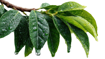 Rain-Kissed Foliage: A close-up of lush green leaves on a branch glistening with droplets, a symbol of nature's renewal and serenity.