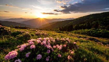 Fototapeta premium Scenic summer sunset over wild aster flowers in the Great Smoky Mountains 
