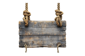 Empty grey wooden signboard with ropes isolate isolated on transparent background